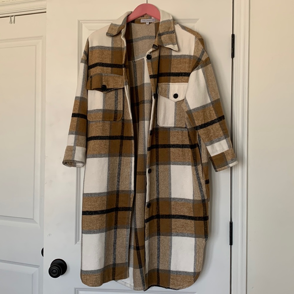 Knee length plaid shacket.